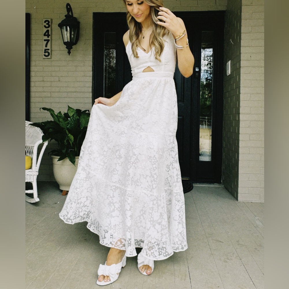 V-Neck White Midi Dress with Cut-Out- US Size 2 (XS)
